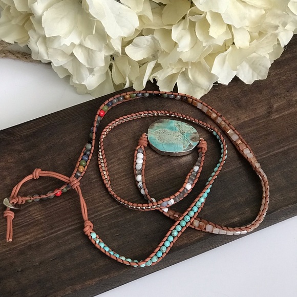 5x Leather Wrap Bracelet with Turquoise Accent - Picture 2 of 3